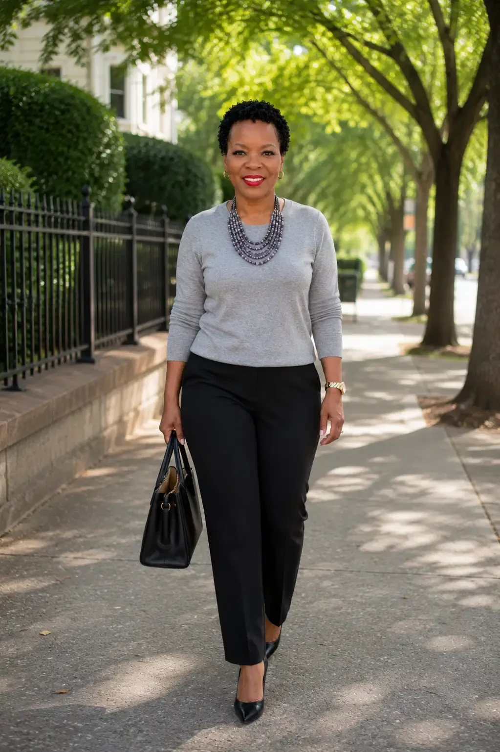 Shawn Caprice Houston walking along a tree-lined sidewalk